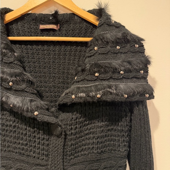 John Fashion Black Mixed Knit Longline Cardigan Faux Fur Collar & Studs - M - Picture 4 of 11